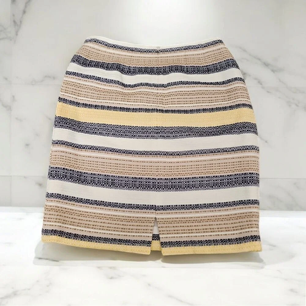 Etcetera Striped‎ Textured Pencil Skirt Navy Beige Yellow Professional 0Nwot